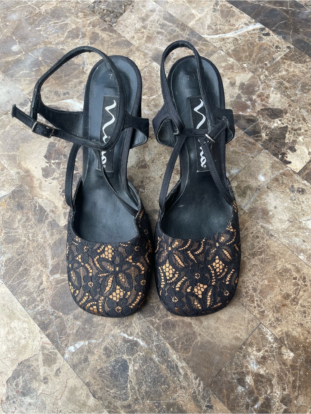 Nina Black Lace Over Nude Slingback Heels